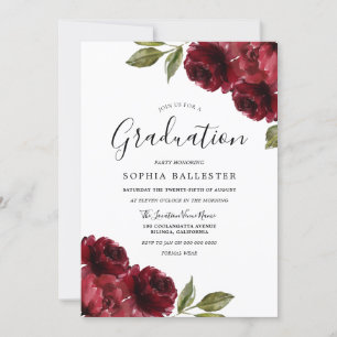 Elegant Burgundy Red Flowers Graduparty Kaart