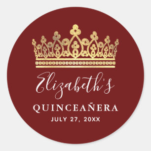 Elegant Burgundy Red Gold Crown Quinceanera Ronde Sticker