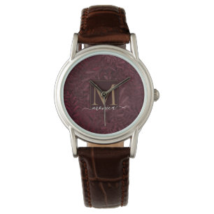 Elegant Burgundy Red Gold Monogram Floral Pattern Horloge