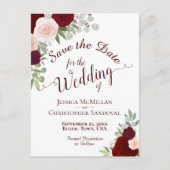 Elegant Burgundy & Red Roses Wedding Save the Date Aankondigingskaart (Voorkant)