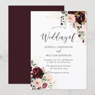 Elegant Burgundy Red Wine & Blush Floral Wedding Kaart