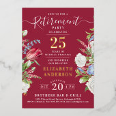 Élégant Burgundy Retraite Floral Foil Invitation (Recto)