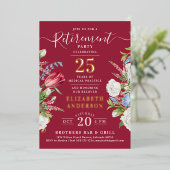 Élégant Burgundy Retraite Floral Foil Invitation (Debout devant)