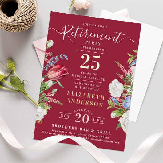 Élégant Burgundy Retraite Floral Foil Invitation