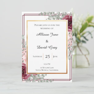 Elegant Burgundy Roos Gold Framed Wedding Kaart