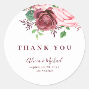 Elegant burgundy roos-typografie bruiloft bedankt ronde sticker