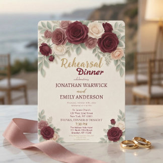 Elegant Burgundy Rose Chic Rehearsal Dinner Kaart