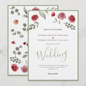 Elegant Burgundy Rozen & Sage Green Wedding Kaart (Voorkant / Achterkant)