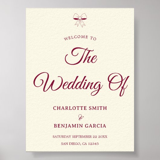 Elegant Burgundy Script Cream Ivory Bow Wedding Poster (Voorkant)