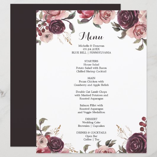 Elegant Burgundy Summer Floral Dinner Menu Card (Voorkant / Achterkant)