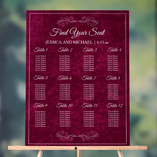 Elegant Burgundy Velvet Wedding Seating Chart  Acryl Bord (Neutraal)