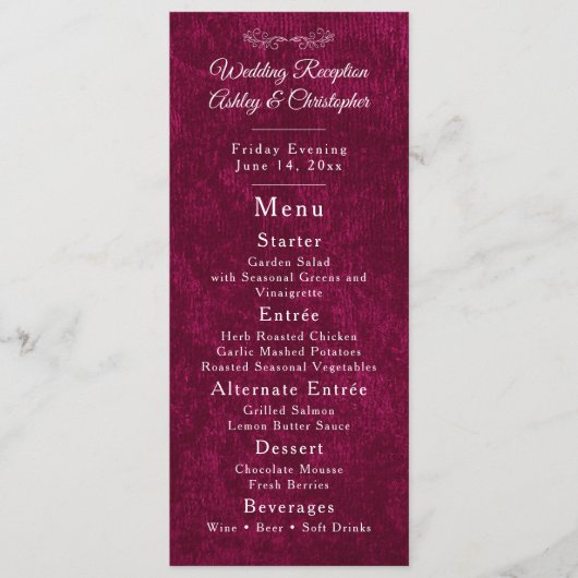 Elegant Burgundy Velvet White Wedding Reception  Menu (Voorkant)