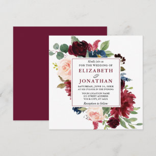 Elegant Burgundy Waterverf Floral Wedding Sq Kaart