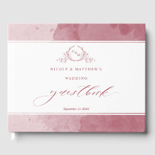 Elegant Burgundy Waterverf Monogram Weddenschap Gastenboek