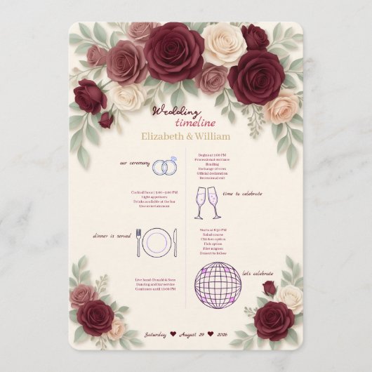Elegant Burgundy Wedding Timeline Program Programma (Voorkant)