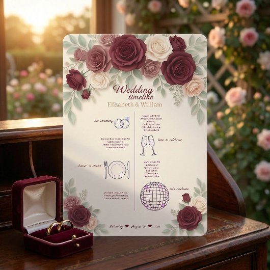 Elegant Burgundy Wedding Timeline Program Programma