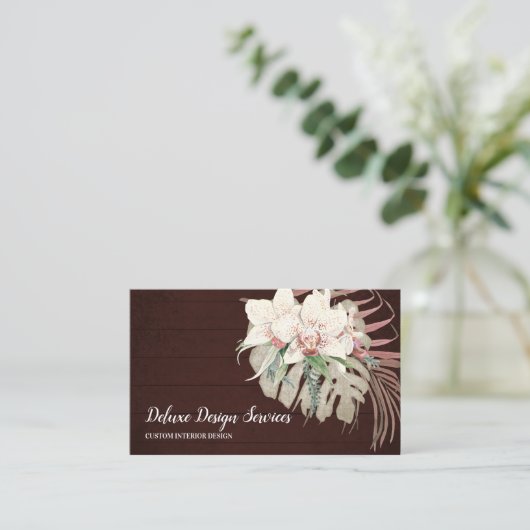 Elegant Burgundy White Floral Orchid Greenery Visitekaartje (Staand voorkant)