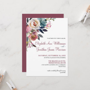 Elegant Burgundy Wine Dusty Blue Floral Wedding Kaart