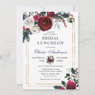 Elegant Burgundy Winter Rozen BRIDAL LUNCHEON Kaart