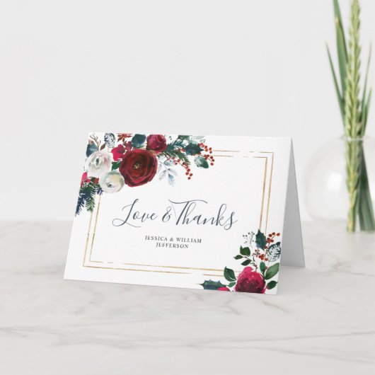 Elegant Burgundy Winter Rozen Greenery Bedankkaart (Voorkant)