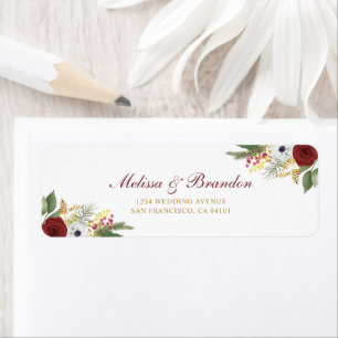 Elegant Burgundyrood & Goud Bloem Bruiloftadres Etiket