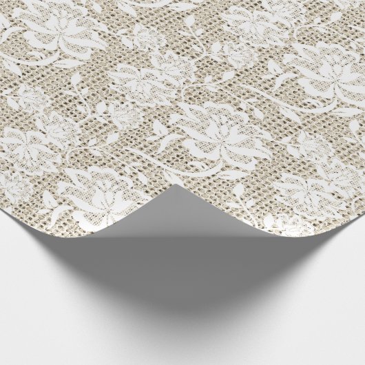 Elegant Burlap- en White Lace Wrapping Paper Cadeaupapier (Hoek)
