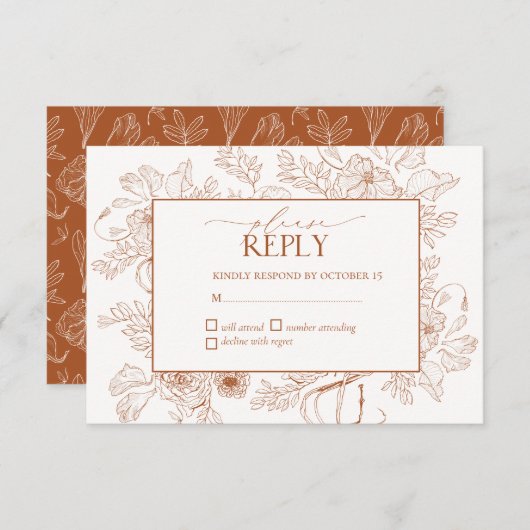 Elégant Burnt Orange Floral Line Art Wedding RSVP (Devant / Derrière)