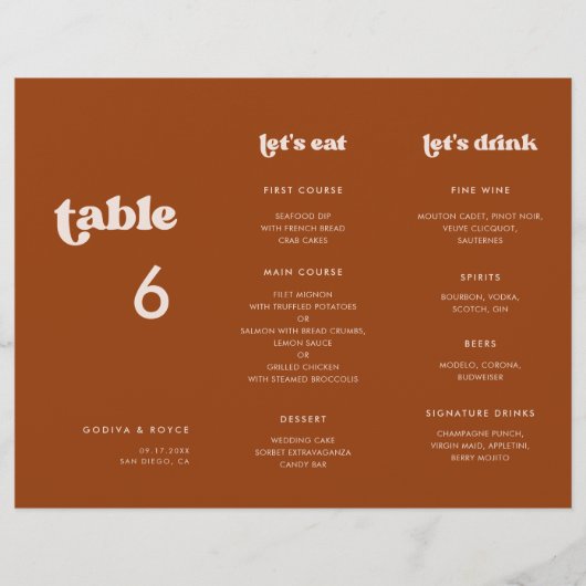 Élégant Burnt Orange Menu & Numéro de table triplé (Devant)