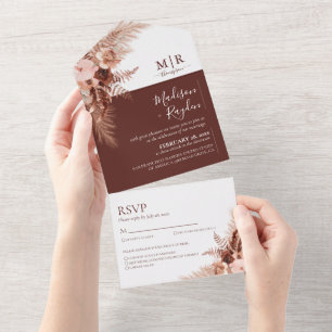 Elegant Burnt Oranje Terracotta Pampas Wedding All In One Uitnodiging