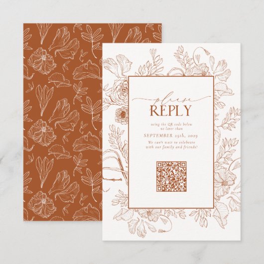 Elegant Burnt Oranje Wedding QR Code Gelieve te an RSVP Kaartje (Voorkant / Achterkant)