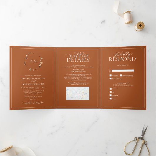 Elegant Burnt Sinaasappel Floral Crest Monogram We Drieluik Uitnodiging (Binnen)