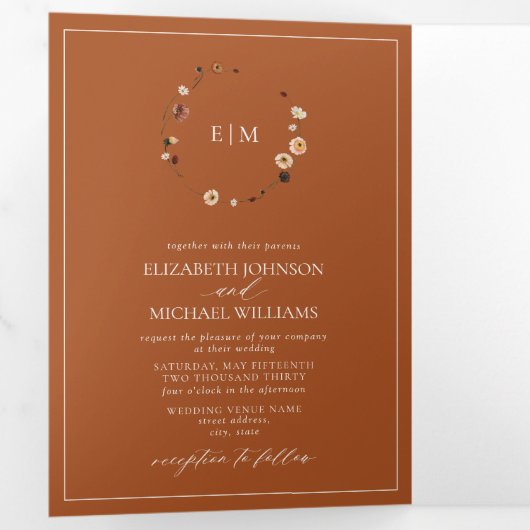 Elegant Burnt Sinaasappel Floral Crest Monogram We Drieluik Uitnodiging (Binnenzijde eerst)