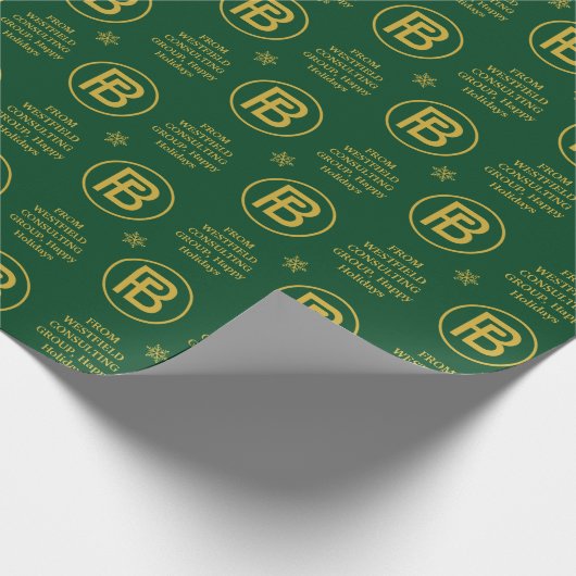 Elegant Business Logo Holiday Green en Gold Cadeaupapier (Hoek)
