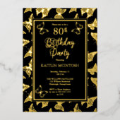 Elegant Butterflies 80th Birthday Party Black Gold Folie Uitnodiging (Voorkant)