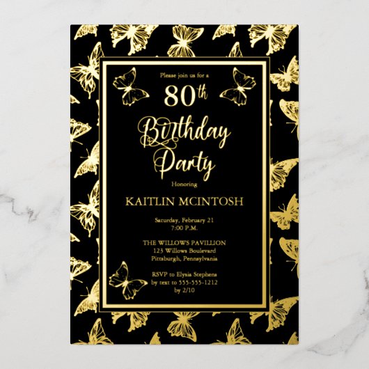 Elegant Butterflies 80th Birthday Party Black Gold Folie Uitnodiging (Voorkant)