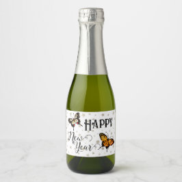 Elegant Butterflies & Stars White Happy Nieuwjaar Sparkling Wijnetiket