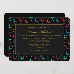 Elegant Butterfly Pattern on Black Wedding Invite Kaart