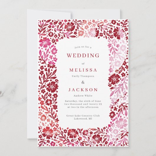 Élégant cadre en fleurs faire-part de mariage rose (Devant)