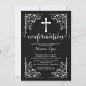 Elégant cadre noir croix confirmation Invitation (Devant)