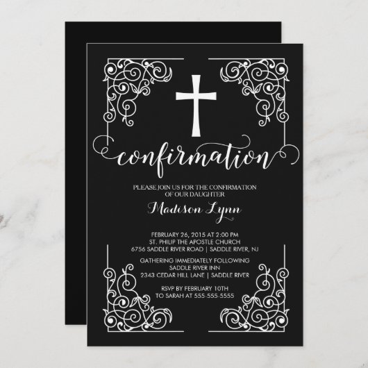 Elégant cadre noir croix confirmation Invitation (Devant / Derrière)