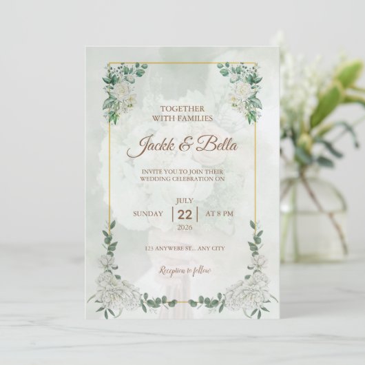 Elégant cadre verdoyant Or Faire-part de mariage (Debout devant)