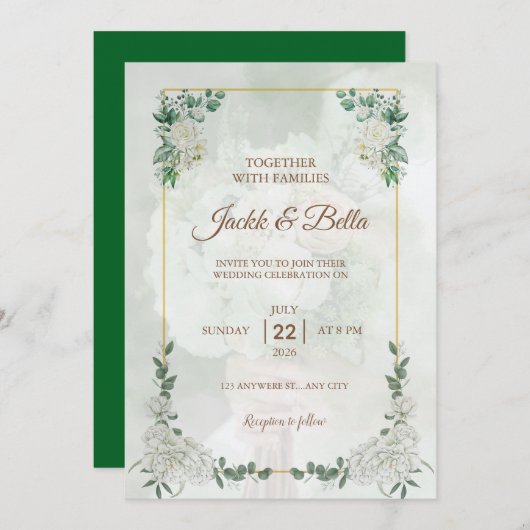 Elégant cadre verdoyant Or Faire-part de mariage (Devant / Derrière)