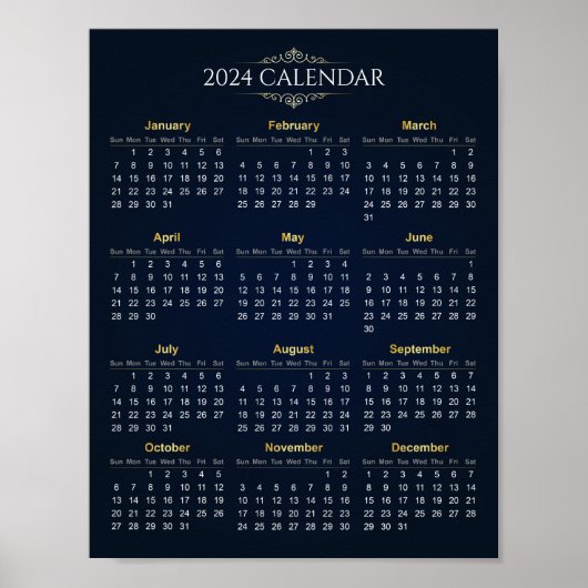 Élégant Calendrier Gold et Blue 2024 | Poster (Devant)