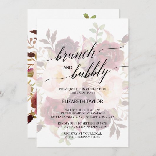 Elegant Calligrafie | Faded Floral Brunch en Bubbl Kaart (Voorkant / Achterkant)