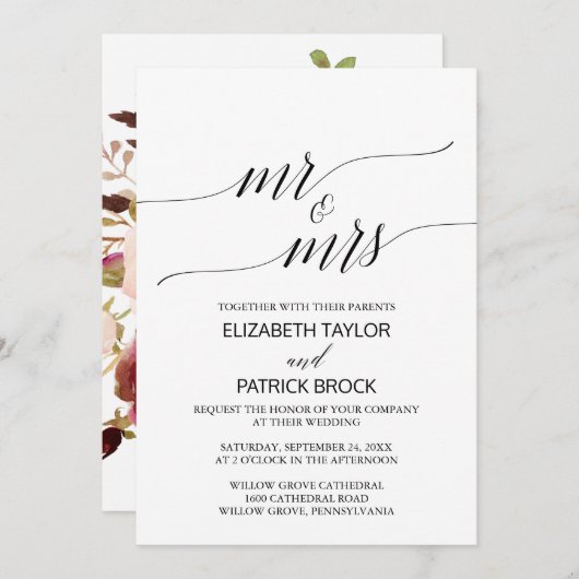 Elegant Calligrafie | Floral "Mr & Mrs" Wedding Kaart (Voorkant / Achterkant)