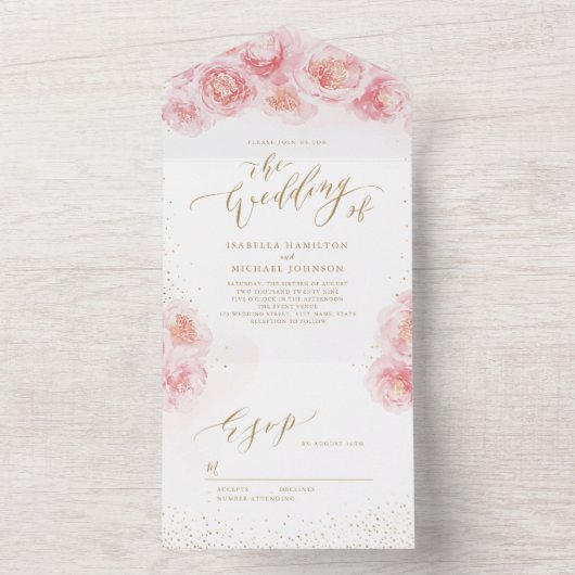 Elegant calligrafie goud & bloesse bruiloft all in one uitnodiging (Binnen)