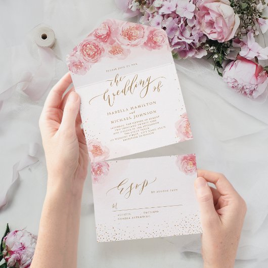 Elegant calligrafie goud & bloesse bruiloft all in one uitnodiging