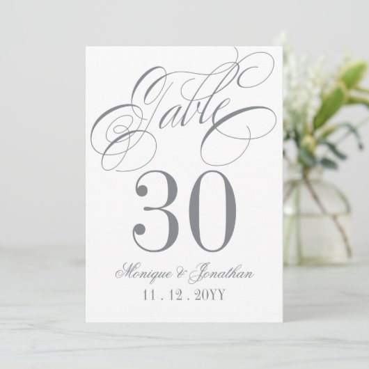 Elegant Calligrafie Silver Table Number Kaart (Staand voorkant)