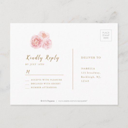 Elegant calligrafiegoud & bloesse RSVP Uitnodiging Briefkaart (Achterkant)