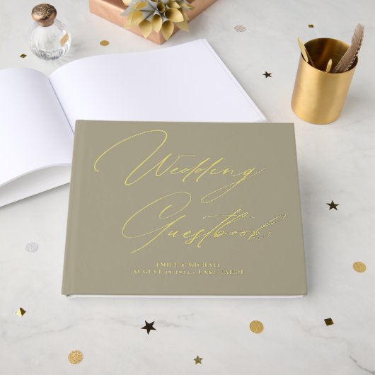 Élégant Calligraphie Taupe Gold Foil Mariage (Recto ouvert)